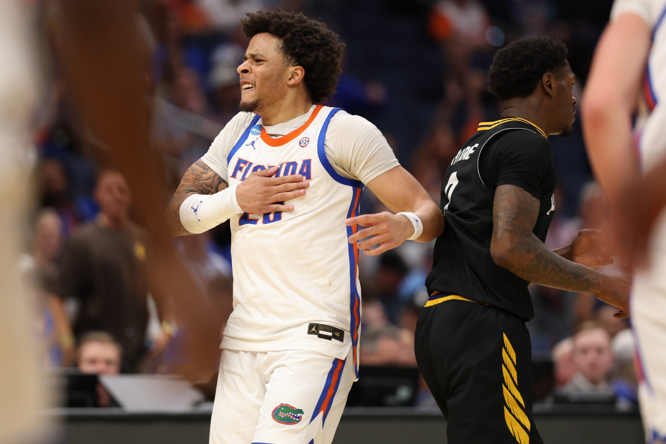Mar 20, 2026; Tampa, FL, USA; Florida Gators guard Isaiah Brown (20) reacts in the second half against the Prairie View A&M Panthers during a first round game of the men's 2026 NCAA Tournament at Benchmark International Arena.