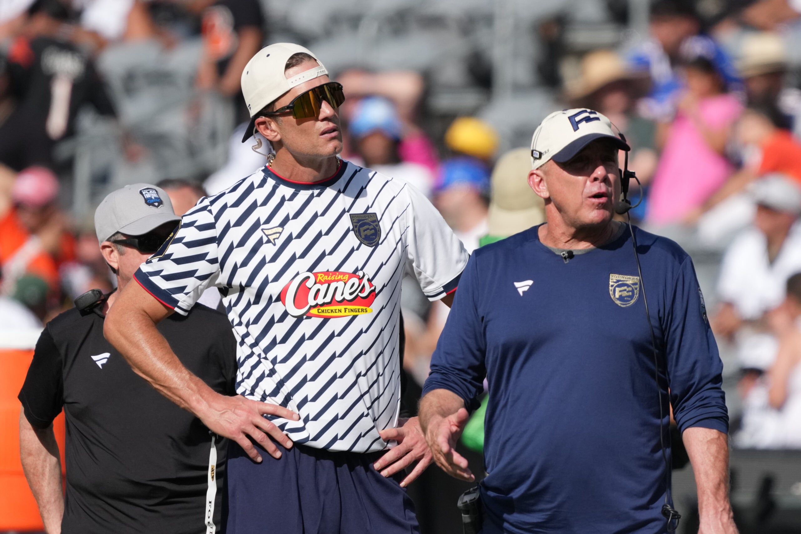 Mar 21, 2026; Los Angeles, CA, USA; Founders FFC quarterback Tom Brady (left) and coach Sean Payton during the Fanatics Flag Football Classic at BMO stadium.