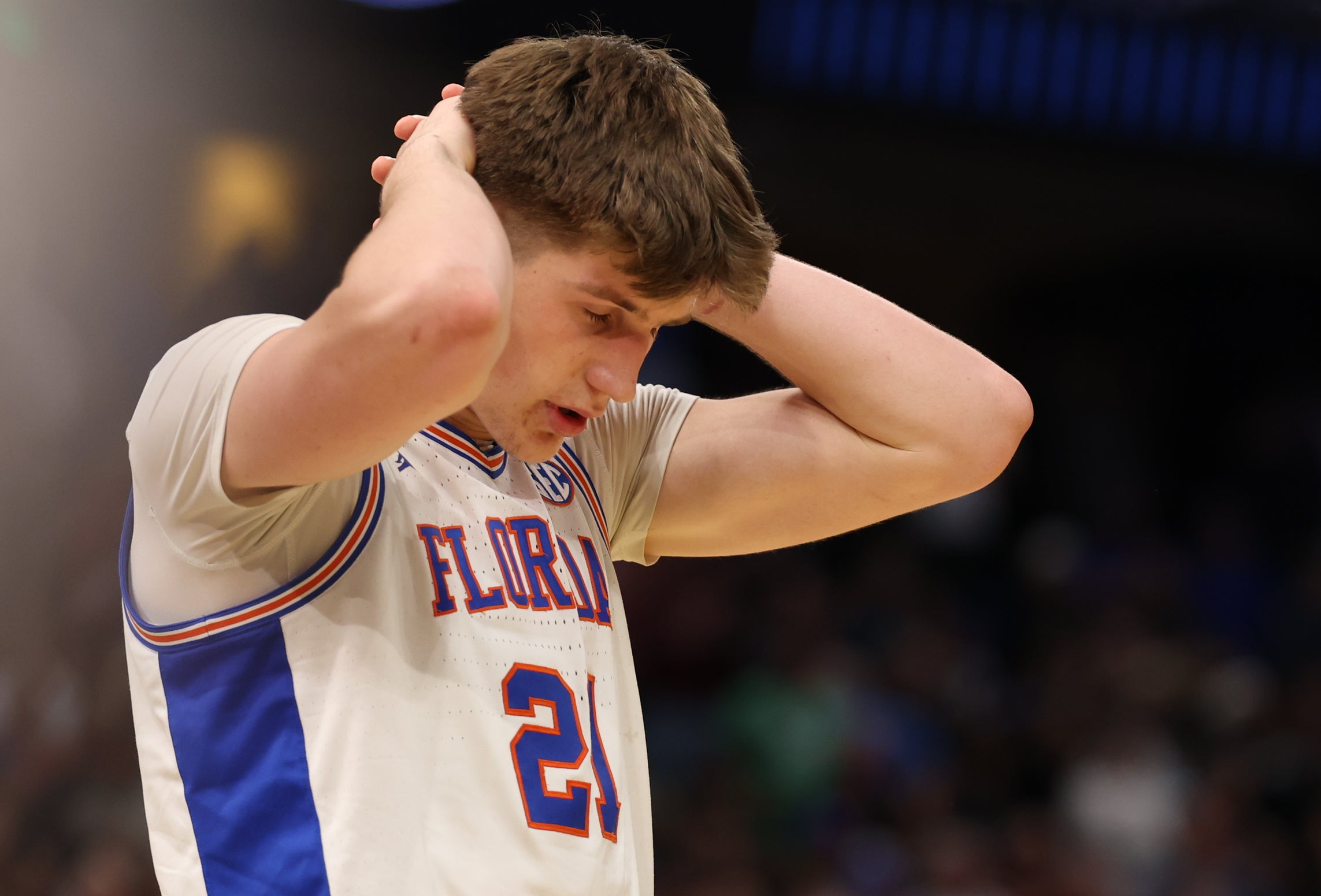 Mar 22, 2026; Tampa, FL, USA; Florida Gators forward Alex Condon (21) reacts after losing to the Iowa Hawkeyes in a second round game of the men's 2026 NCAA Tournament at Benchmark International Arena.