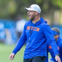 Florida head football coach Jon Sumrall reacts during spring practice at Sanders Practice Fields in Gainesville, FL on Tuesday, March 24, 2026.