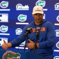 Florida head football coach Jon Sumrall speaks during a press conference after spring practice at Sanders Practice Fields in Gainesville, FL on Tuesday, March 24, 2026.