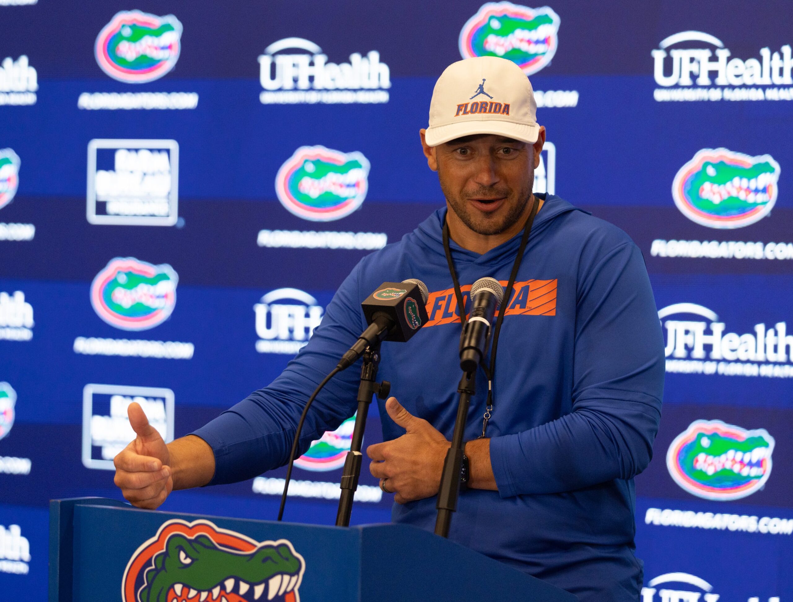 Florida head football coach Jon Sumrall speaks during a press conference after spring practice at Sanders Practice Fields in Gainesville, FL on Tuesday, March 24, 2026.