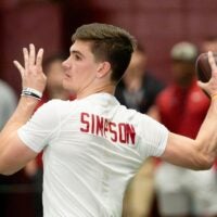 March 25, 2026; Tuscaloosa, AL, USA; Quarterback Ty Simpson throws during Pro Day in the Hank Crisp Indoor Practice Facility at the University of Alabama.