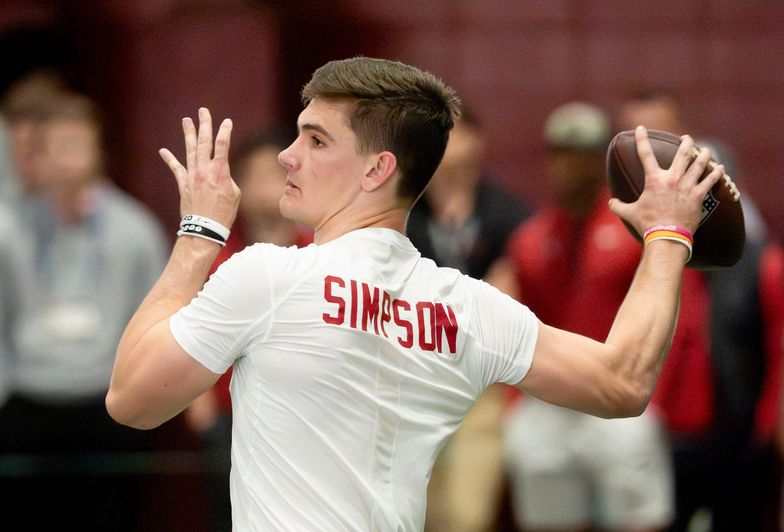 March 25, 2026; Tuscaloosa, AL, USA; Quarterback Ty Simpson throws during Pro Day in the Hank Crisp Indoor Practice Facility at the University of Alabama.