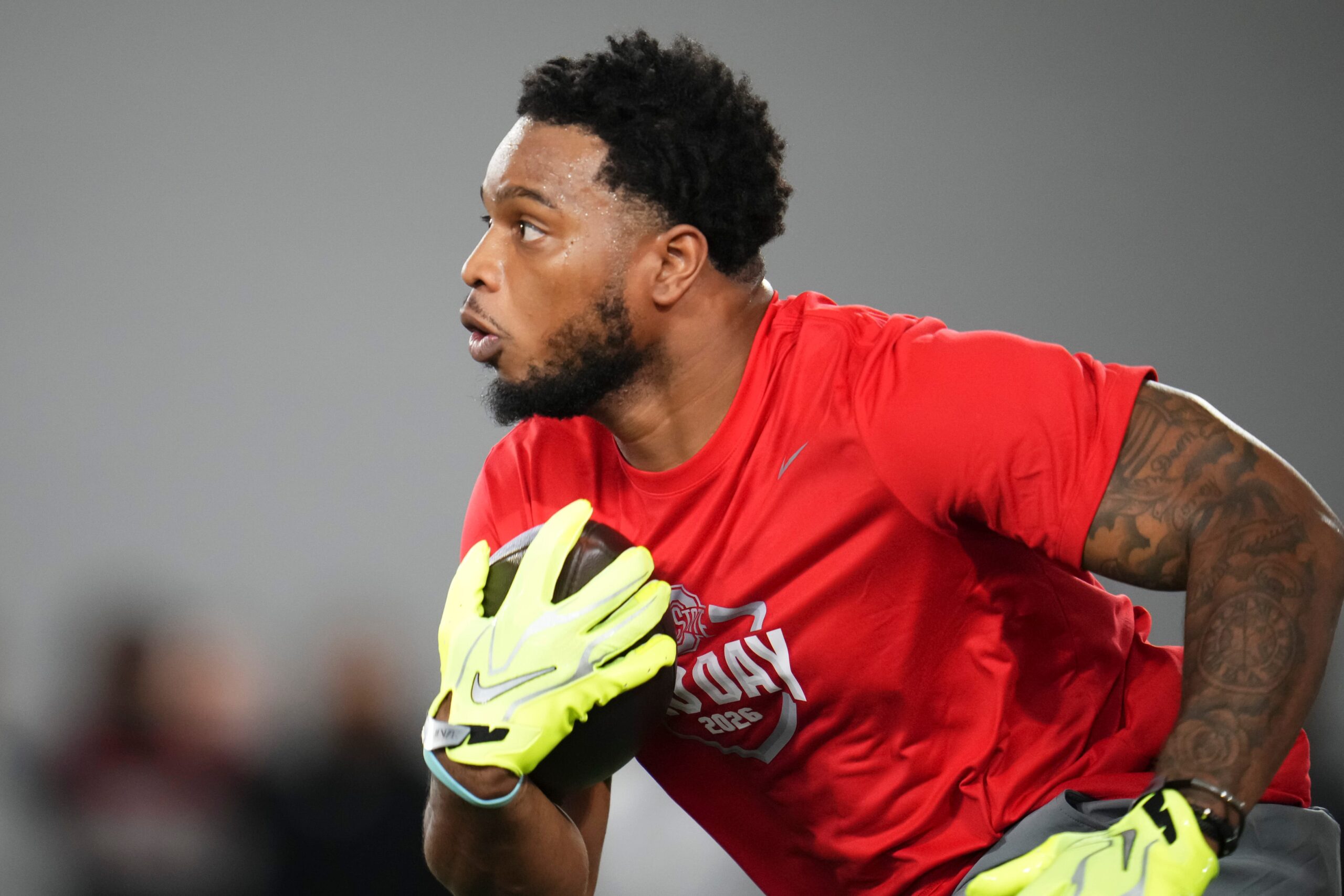 Ohio State Buckeyes running back CJ Donaldson Jr. runs during Pro Day for NFL scouts at the Woody Hayes Athletics Center on March 25, 2026.
