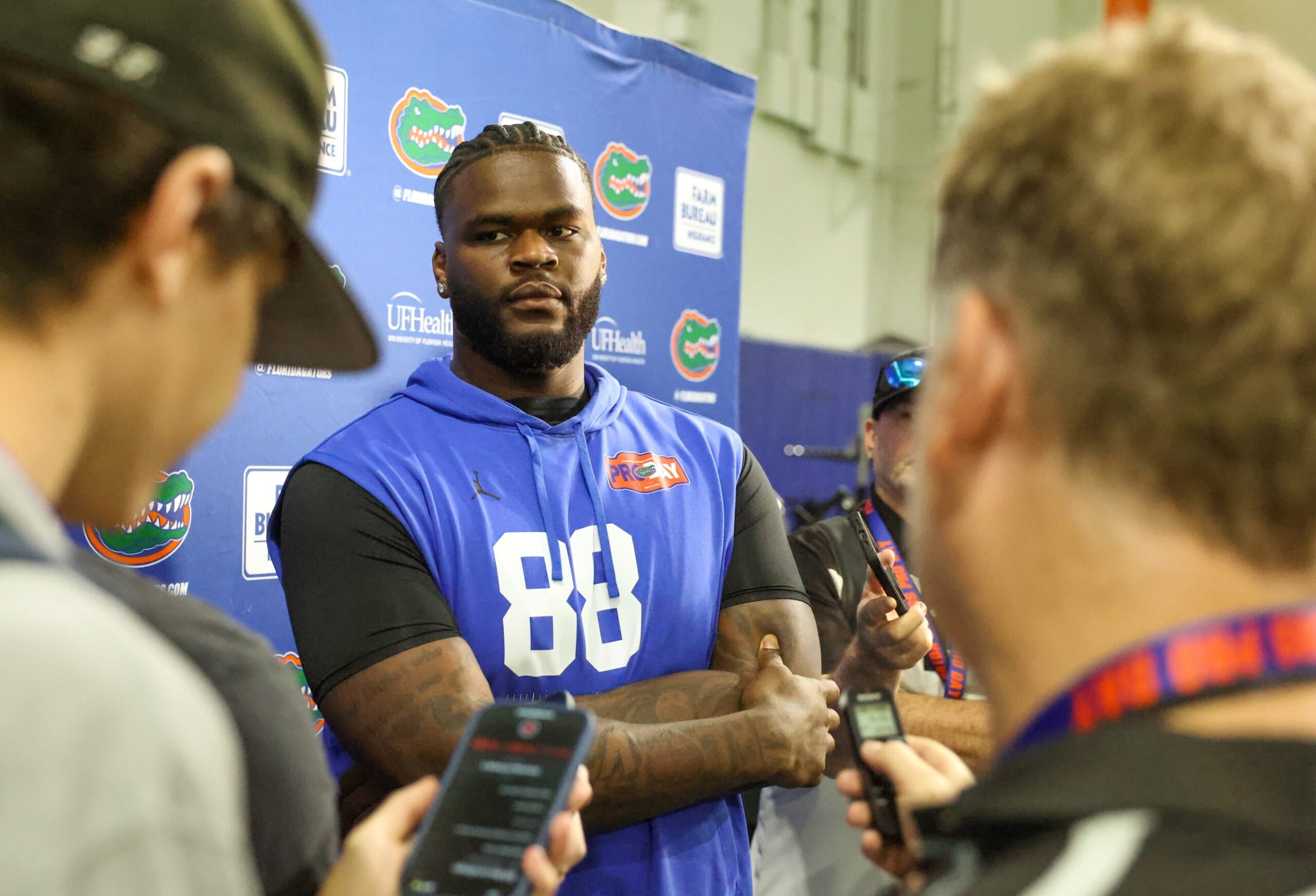 Florida defensive lineman Caleb Banks (88) speaks to the media during Pro Day at Sanders Practice Fields in Gainesville, FL on Thursday, March 26, 2026.