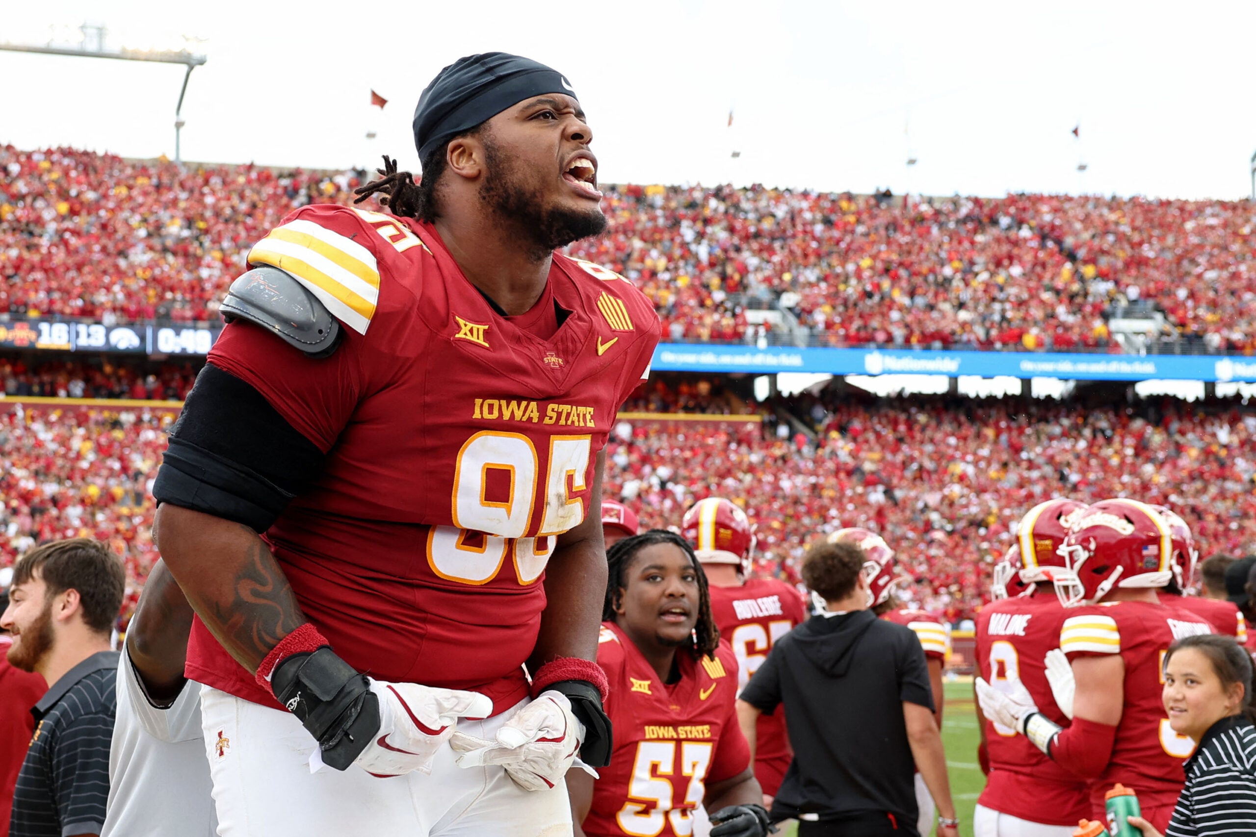 Sep 6, 2025; Ames, Iowa, USA; Iowa State Cyclones defensive lineman Domonique Orange (95) reacts late in the second half against the Iowa Hawkeyes at Jack Trice Stadium.