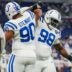 Indianapolis Colts defensive tackle Grover Stewart (90) locks arms with Indianapolis Colts defensive tackle Eric Johnson II (98) on Sunday, Sept. 14, 2025, ahead of the game against the Denver Broncos at Lucas Oil Stadium in Indianapolis.