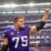 Sep 21, 2025; Minneapolis, Minnesota, USA; Minnesota Vikings offensive tackle Brian O'Neill (75) reacts towards the fans following the game against the Cincinnati Bengals at U.S. Bank Stadium.
