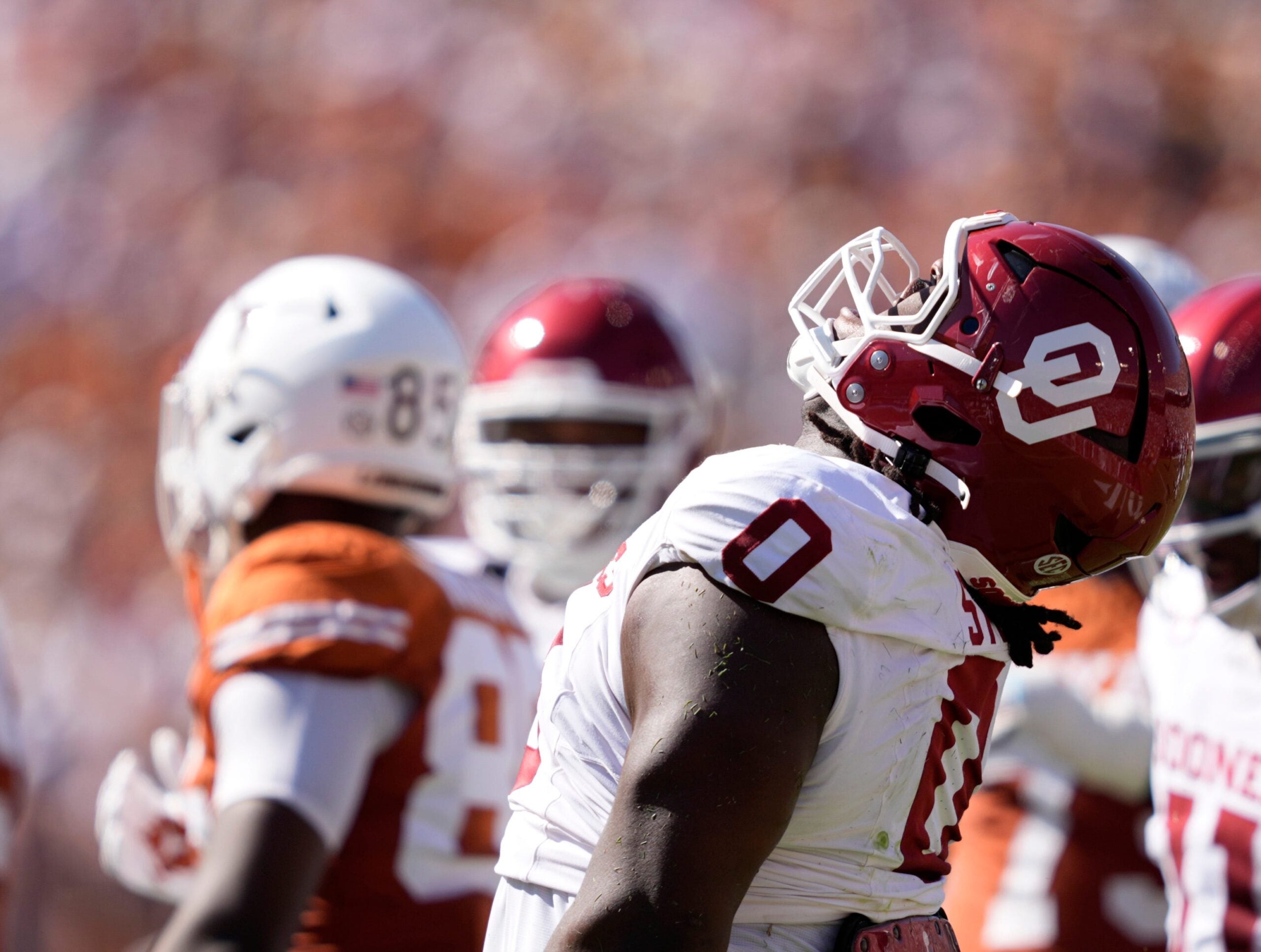 Oklahoma Sooners defensive lineman David Stone (0) celebrates a play in the first half of the Red River Rivalry college football game between the University of Oklahoma Sooners and the Texas Longhorn at the Cotton Bowl Stadium in Dallas, Texas, Saturday, Oct. 11, 2025.