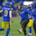 Jan 4, 2026; Inglewood, California, USA; Los Angeles Rams head coach Sean McVay reacts with quarterback Matthew Stafford (9) after a touchdown against the Arizona Cardinals during the second half at SoFi Stadium.