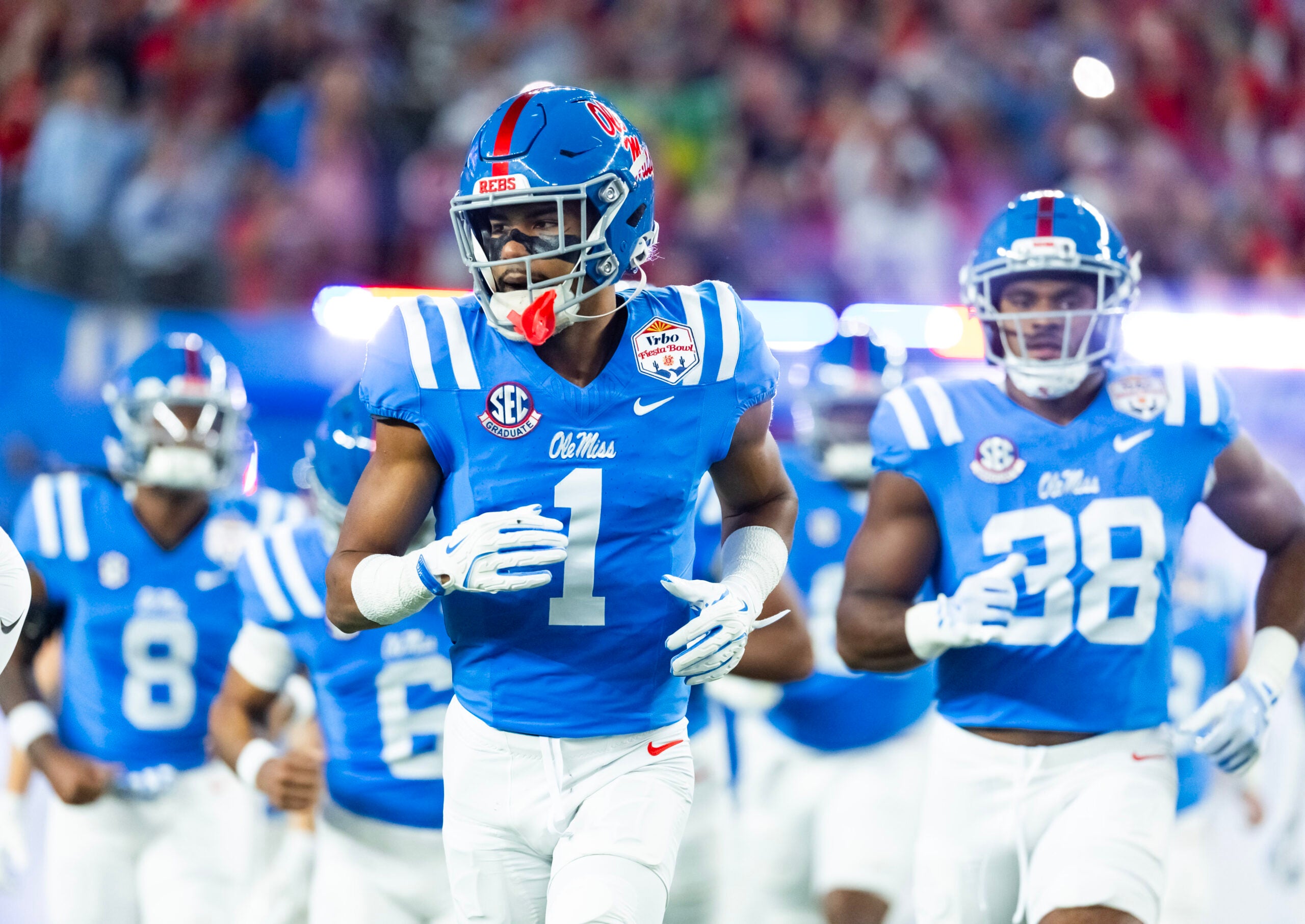 Jan 8, 2026; Glendale, AZ, USA; Mississippi Rebels wide receiver De'Zhaun Stribling (1) against the Miami Hurricanes during the 2026 Fiesta Bowl and semifinal game of the College Football Playoff at State Farm Stadium.