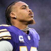 Jan 4, 2026; Minneapolis, Minnesota, USA; Minnesota Vikings wide receiver Justin Jefferson (18) warms up prior to the game against the Green Bay Packers at U.S. Bank Stadium.