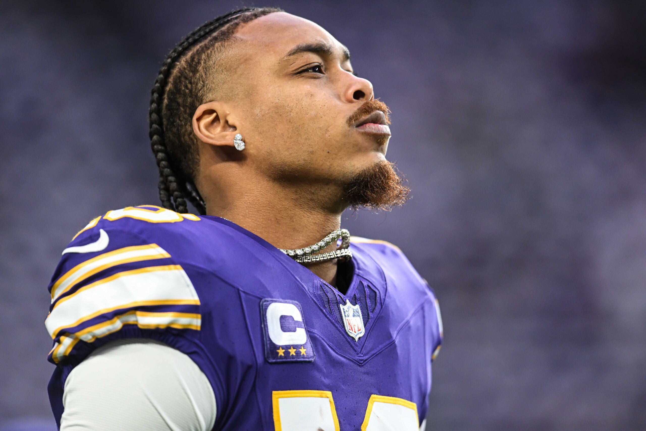Jan 4, 2026; Minneapolis, Minnesota, USA; Minnesota Vikings wide receiver Justin Jefferson (18) warms up prior to the game against the Green Bay Packers at U.S. Bank Stadium.