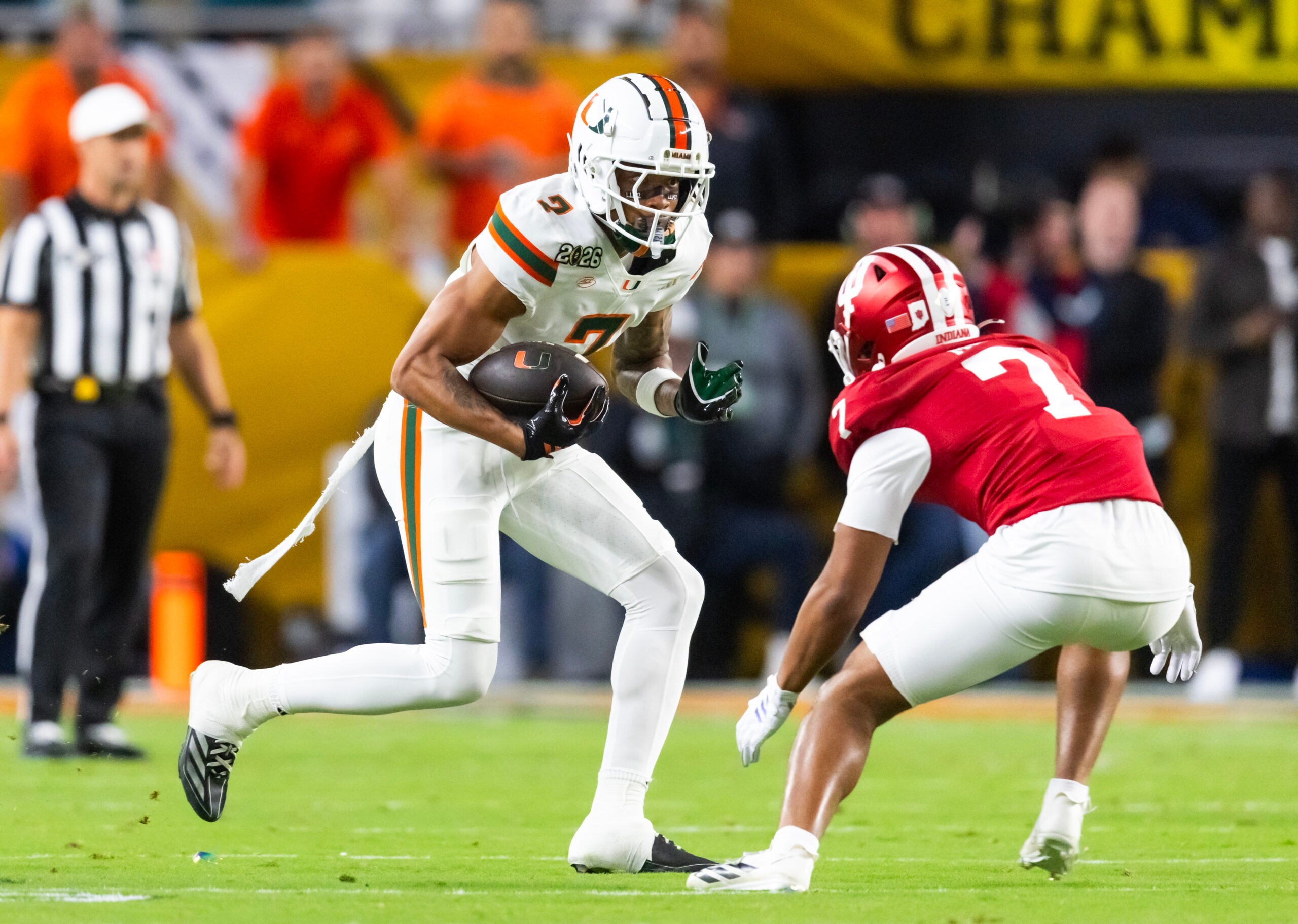 Jan 19, 2026; Miami Gardens, FL, USA; Miami Hurricanes wide receiver CJ Daniels (7) against the Indiana Hoosiers during the College Football Playoff National Championship game at Hard Rock Stadium.
