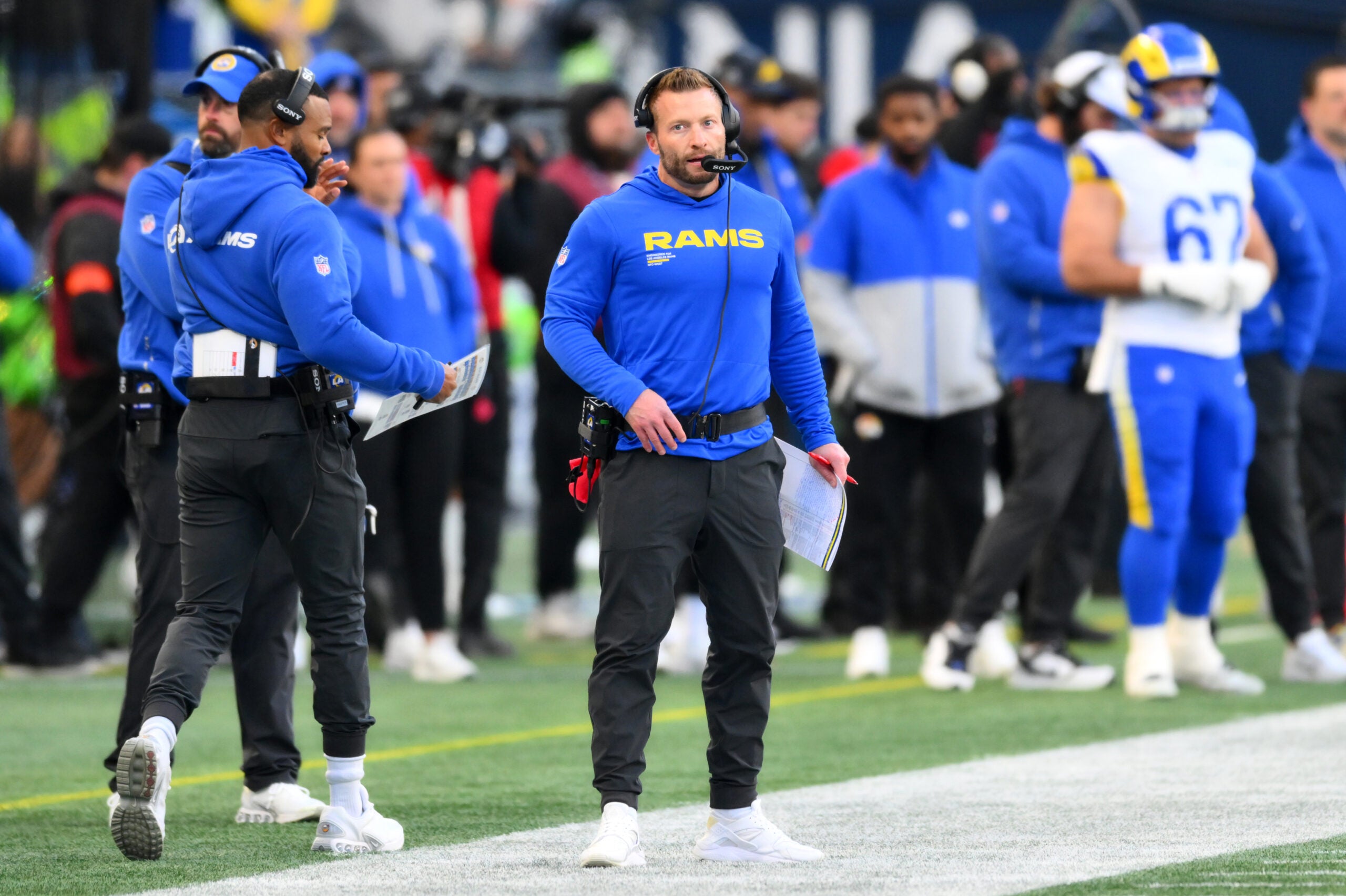 Jan 25, 2026; Seattle, WA, USA; Los Angeles Rams head coach Sean McVay looks on during the first half against the Seattle Seahawks in the 2026 NFC Championship Game at Lumen Field.