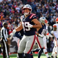 Oct 26, 2025; Foxborough, Massachusetts, USA; (Editors Notes: Caption Correction) New England Patriots tight end Hunter Henry (85) celebrates a touchdown during the third quarter against the Cleveland Browns at Gillette Stadium.