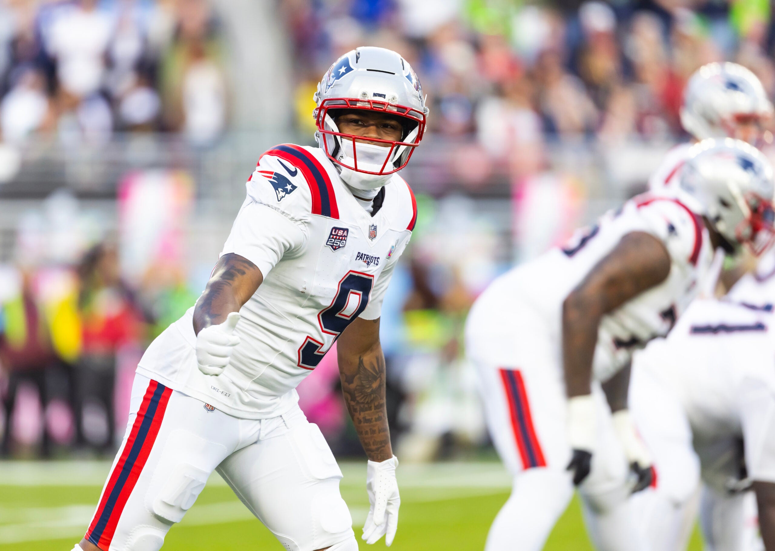Feb 8, 2026; Santa Clara, CA, USA; New England Patriots wide receiver Kayshon Boutte (9) against the Seattle Seahawks during Super Bowl LX at Levi's Stadium.