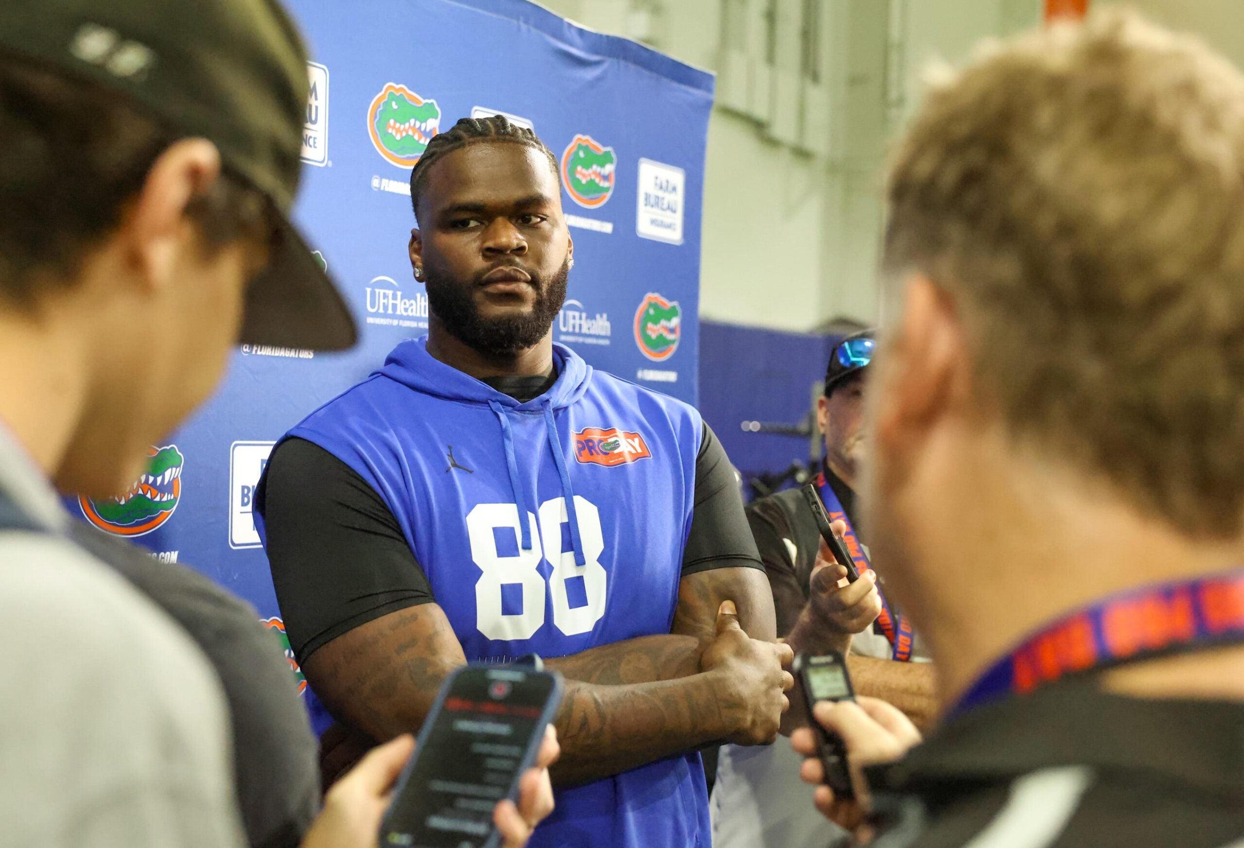 Florida defensive lineman Caleb Banks (88) speaks to the media during Pro Day at Sanders Practice Fields in Gainesville, FL on Thursday, March 26, 2026.