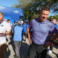 Florida Head Coach Jon Sumrall greats fans as he heads to the locker room during Gator Walk before the Orange and Blue game at Steve Spurrier Field at Ben Hill Griffin Stadium in Gainesville, FL on Saturday, April 11, 2026.