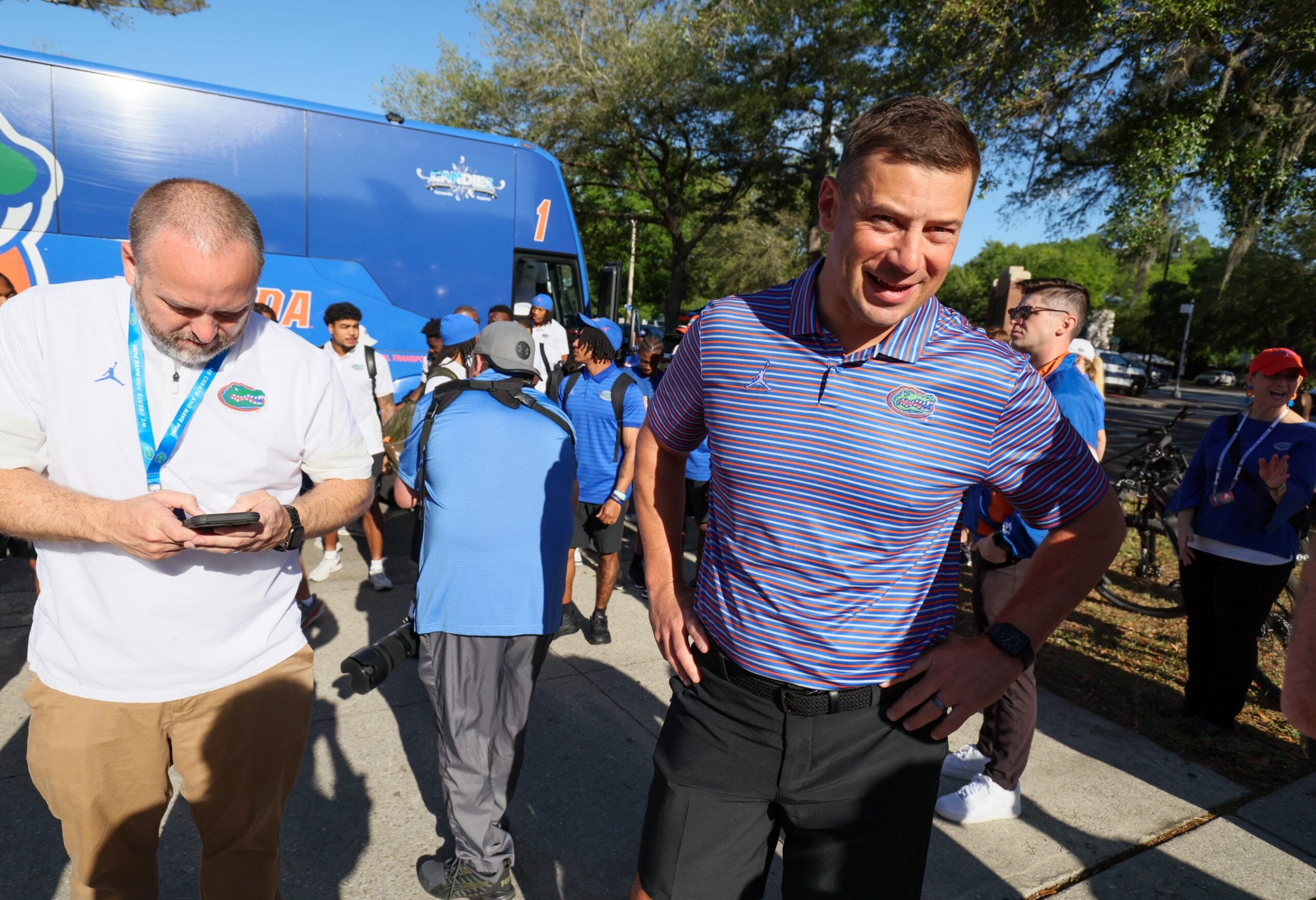 Florida Head Coach Jon Sumrall greats fans as he heads to the locker room during Gator Walk before the Orange and Blue game at Steve Spurrier Field at Ben Hill Griffin Stadium in Gainesville, FL on Saturday, April 11, 2026.