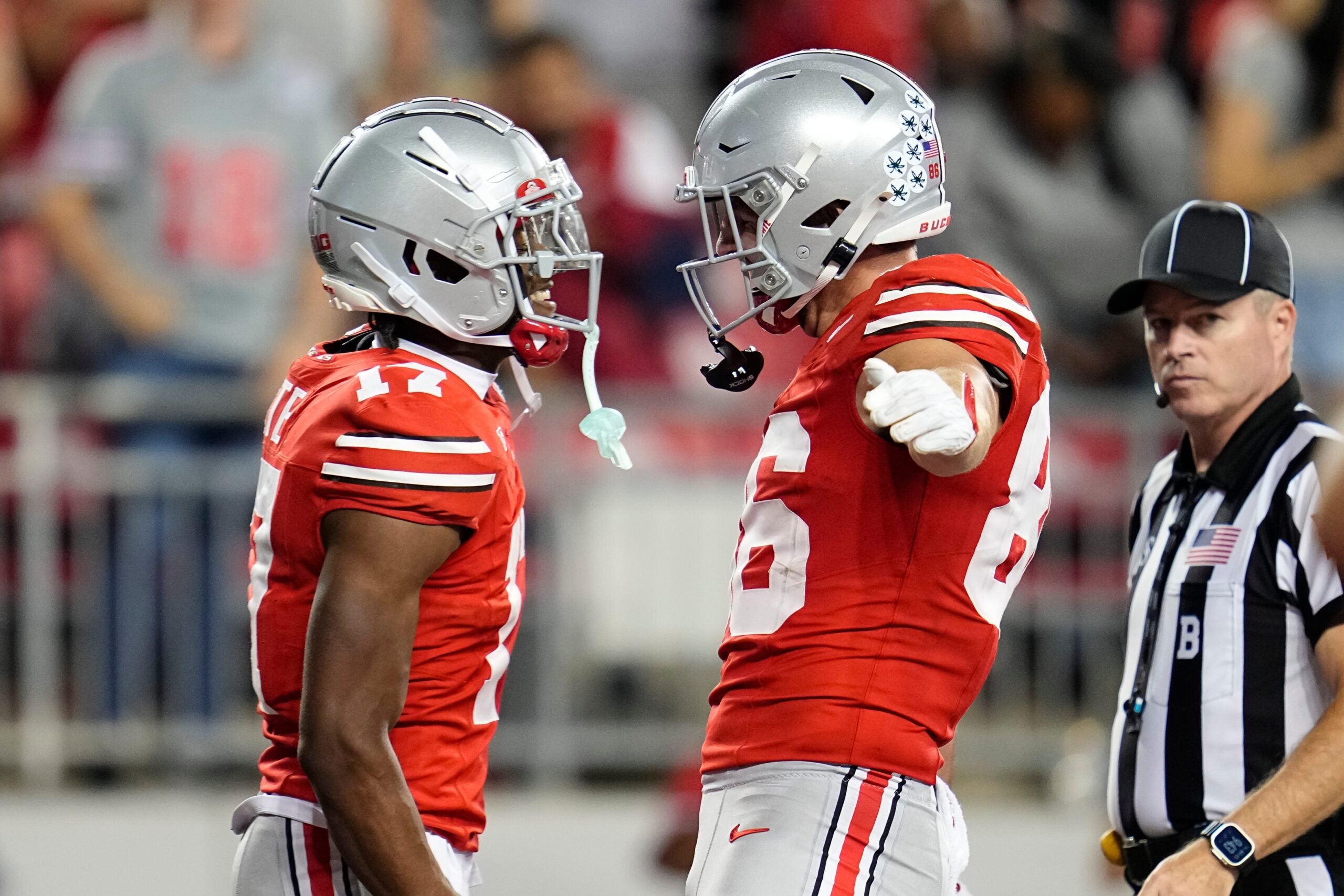Ohio State Buckeyes wide receiver Carnell Tate (17) celebrates a touchdown catch with tight end Max Klare (86) during the second half of the NCAA football game against the Ohio Bobcats at Ohio Stadium on Sept. 13, 2025. Ohio State won 37-9.