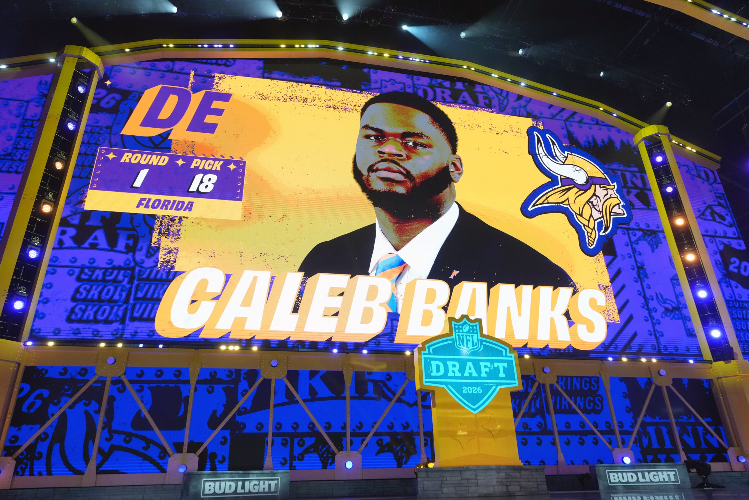 Apr 23, 2026; Pittsburgh, PA, USA; Florida Gators defensive lineman Caleb Banks is selected by the Minnesota Vikings as the number 18 pick during the 2026 NFL Draft at Acrisure Stadium.