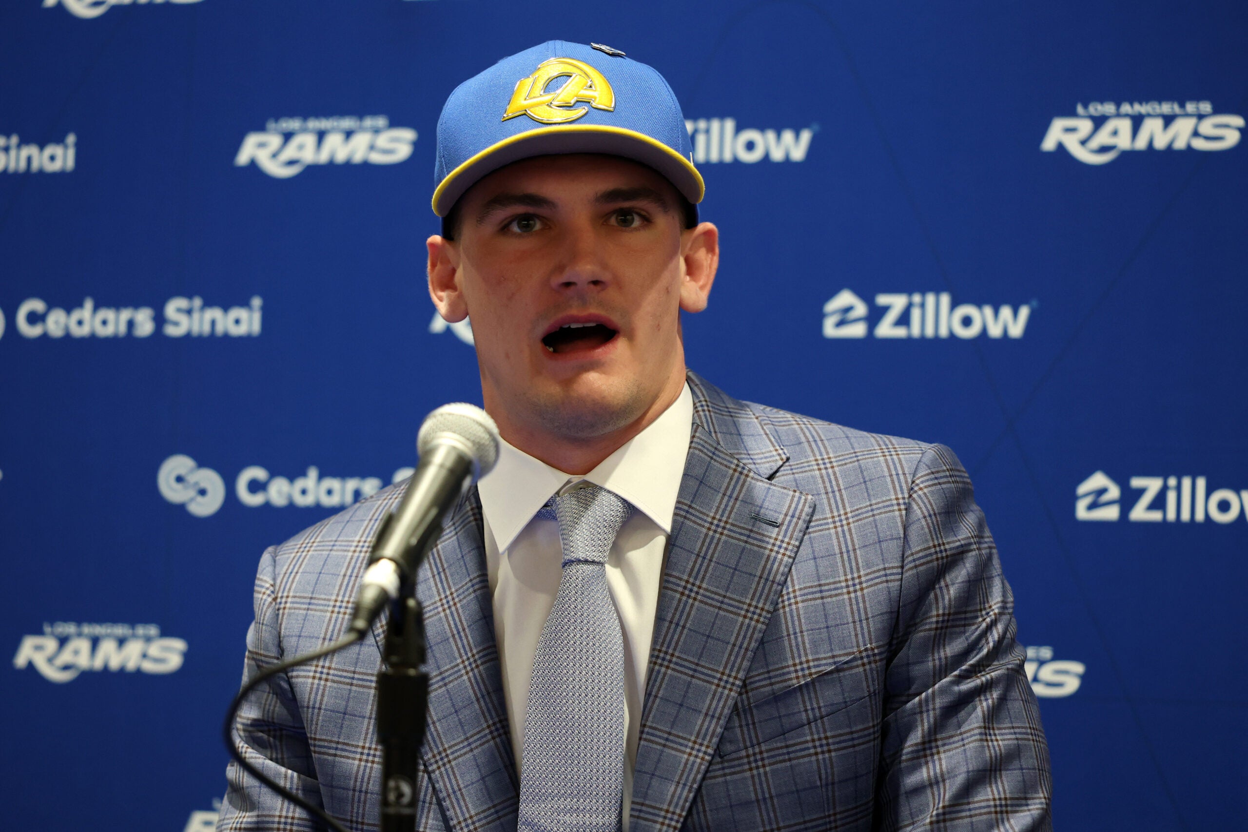 Apr 24, 2026; Inglewood, CA, USA; Los Angeles Rams first-round draft pick Ty Simpson speaks to media during a press conference at Code Next at Hollywood Park.