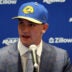 Apr 24, 2026; Inglewood, CA, USA; Los Angeles Rams first-round draft pick Ty Simpson speaks to media during a press conference at Code Next at Hollywood Park.