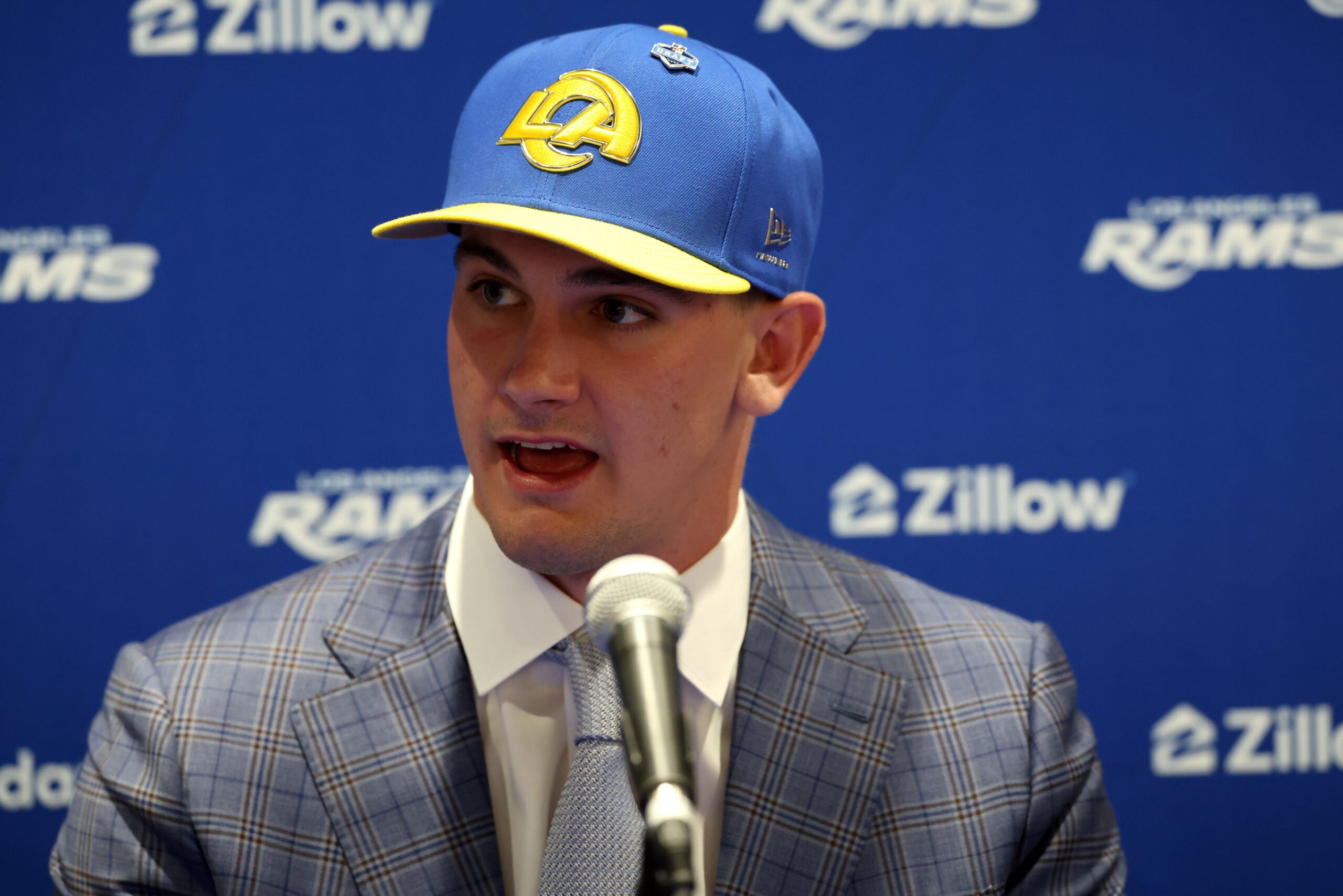 Apr 24, 2026; Inglewood, CA, USA; Los Angeles Rams first-round draft pick Ty Simpson speaks to media during a press conference at Code Next at Hollywood Park.