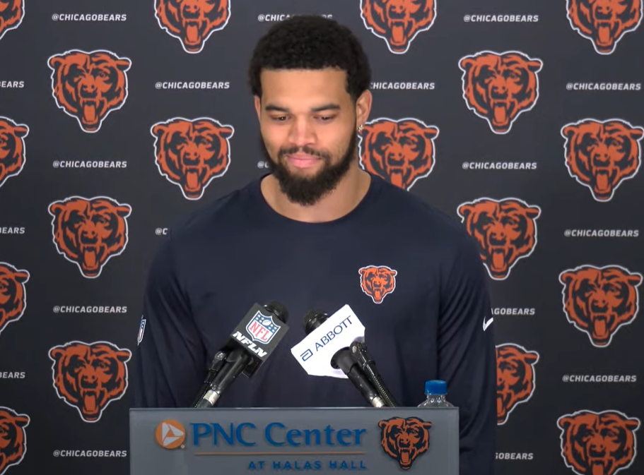 Chicago Bears quarterback Caleb Williams speaks to reporters during the first day of the 2026 offseason program.