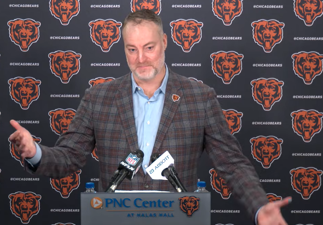Bears assistant general manager Jeff King speaks with reporters ahead of the 2026 NFL Draft.