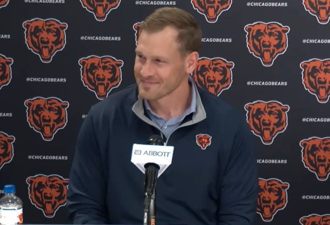 Chicago Bears head coach Ben Johnson speaks with reporters following the 2026 NFL Draft.