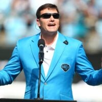 Oct 6, 2019; Charlotte, NC, USA; Carolina Panthers former quarterback Jake Delhomme speaks during the Hall of Honor ceremony during halftime against the Jacksonville Jaguars at Bank of America Stadium.