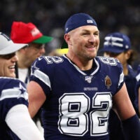 Dec 15, 2019; Arlington, TX, USA; Dallas Cowboys tight end Jason Witten (82) smiles on the sidelines during the fourth quarter against the Los Angeles Rams at AT&T Stadium.