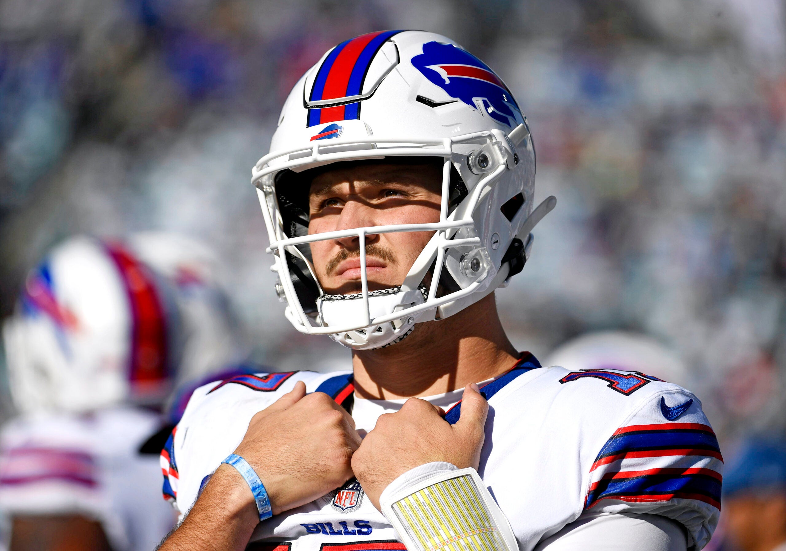 Nov 7, 2021; Jacksonville, Florida, USA; Buffalo Bills quarterback Josh Allen (17) on the sideline during the second half against the Jacksonville Jaguars at TIAA Bank Field.