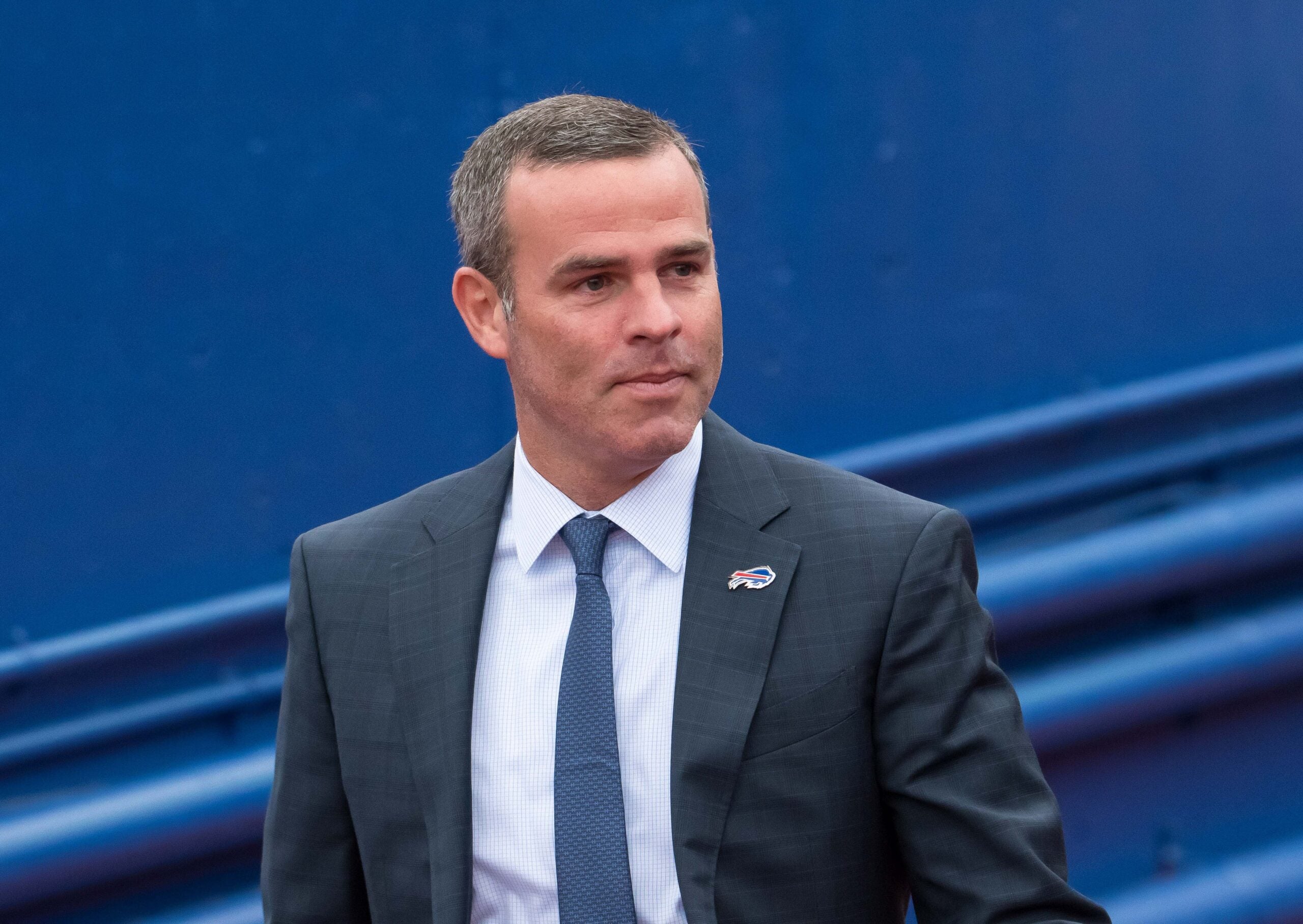 Oct 31, 2021; Orchard Park, New York, USA; Buffalo Bills general manager Brandon Beane enters the field before a game against the Miami Dolphins at Highmark Stadium.