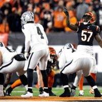 Cincinnati Bengals linebacker Germaine Pratt (57) calls out to teammates before a play in the second half the AFC wild card game on Saturday, Jan. 15, 2022, at Paul Brown Stadium in Cincinnati. Cincinnati Bengals defeated Las Vegas Raiders 26-19.