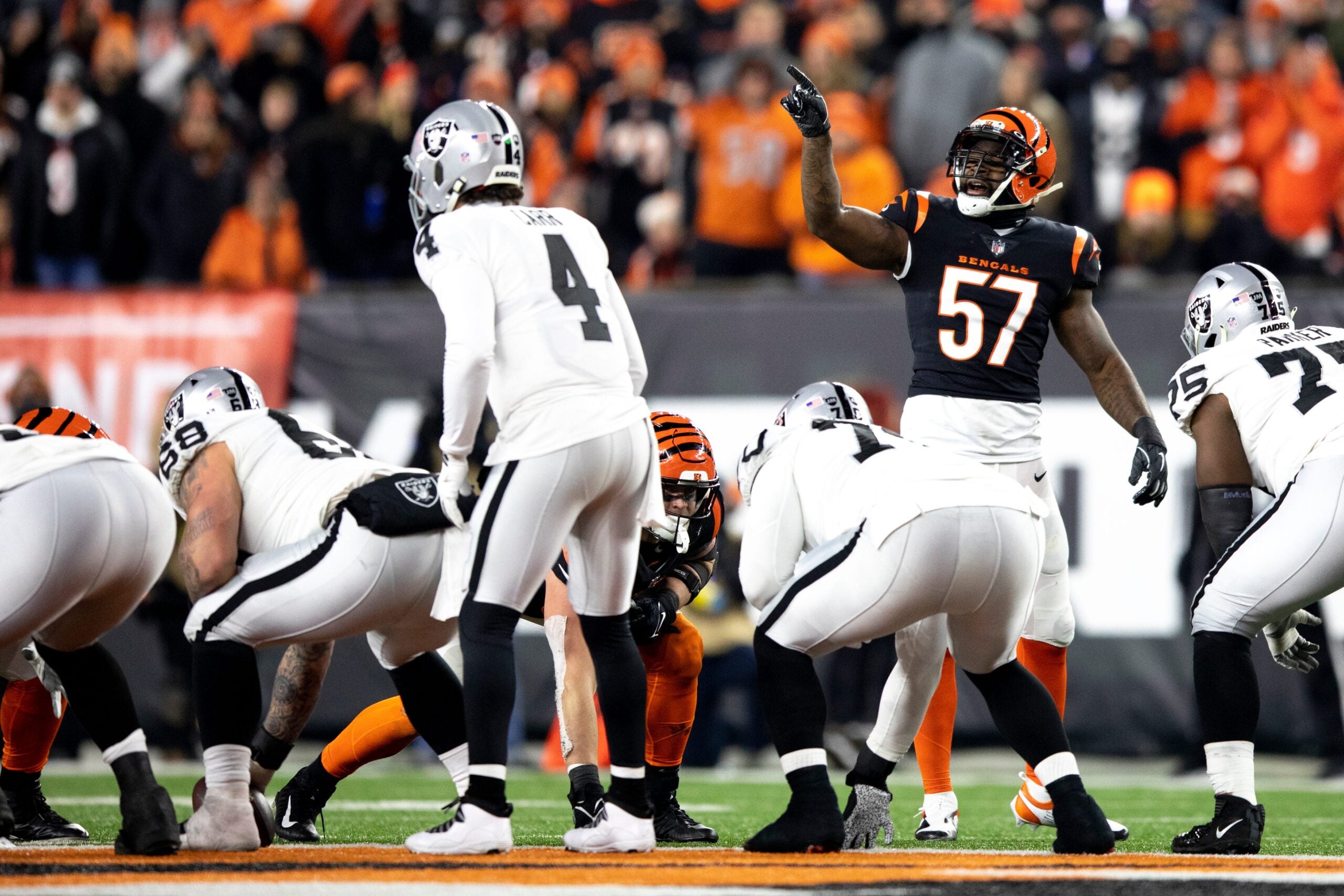 Cincinnati Bengals linebacker Germaine Pratt (57) calls out to teammates before a play in the second half the AFC wild card game on Saturday, Jan. 15, 2022, at Paul Brown Stadium in Cincinnati. Cincinnati Bengals defeated Las Vegas Raiders 26-19.