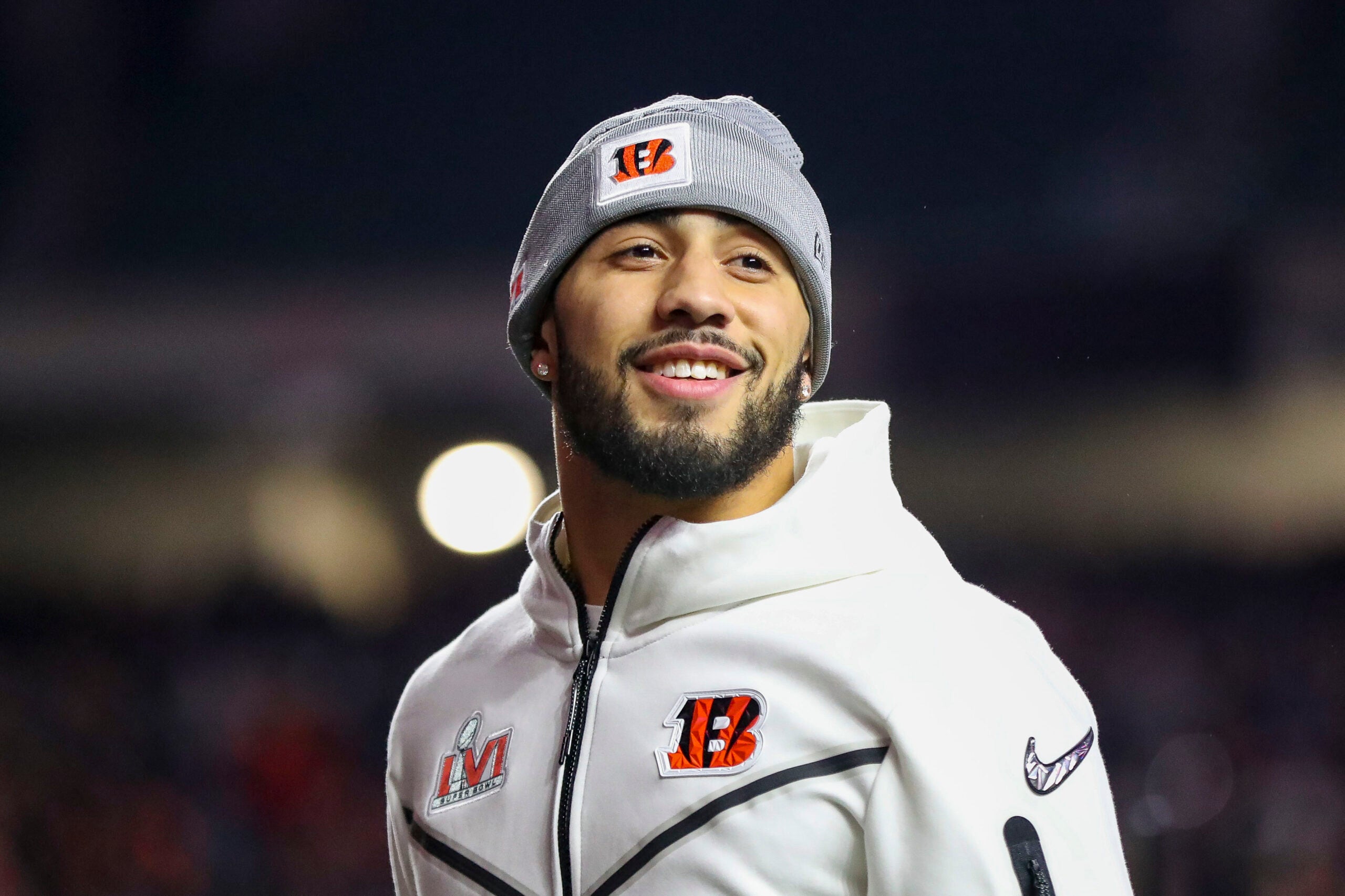 Feb 7, 2022; Cincinnati, OH, USA; Cincinnati Bengals free safety Jessie Bates (30) walks onto the field during the Super Bowl Opening Night Fan Rally at Paul Brown Stadium.