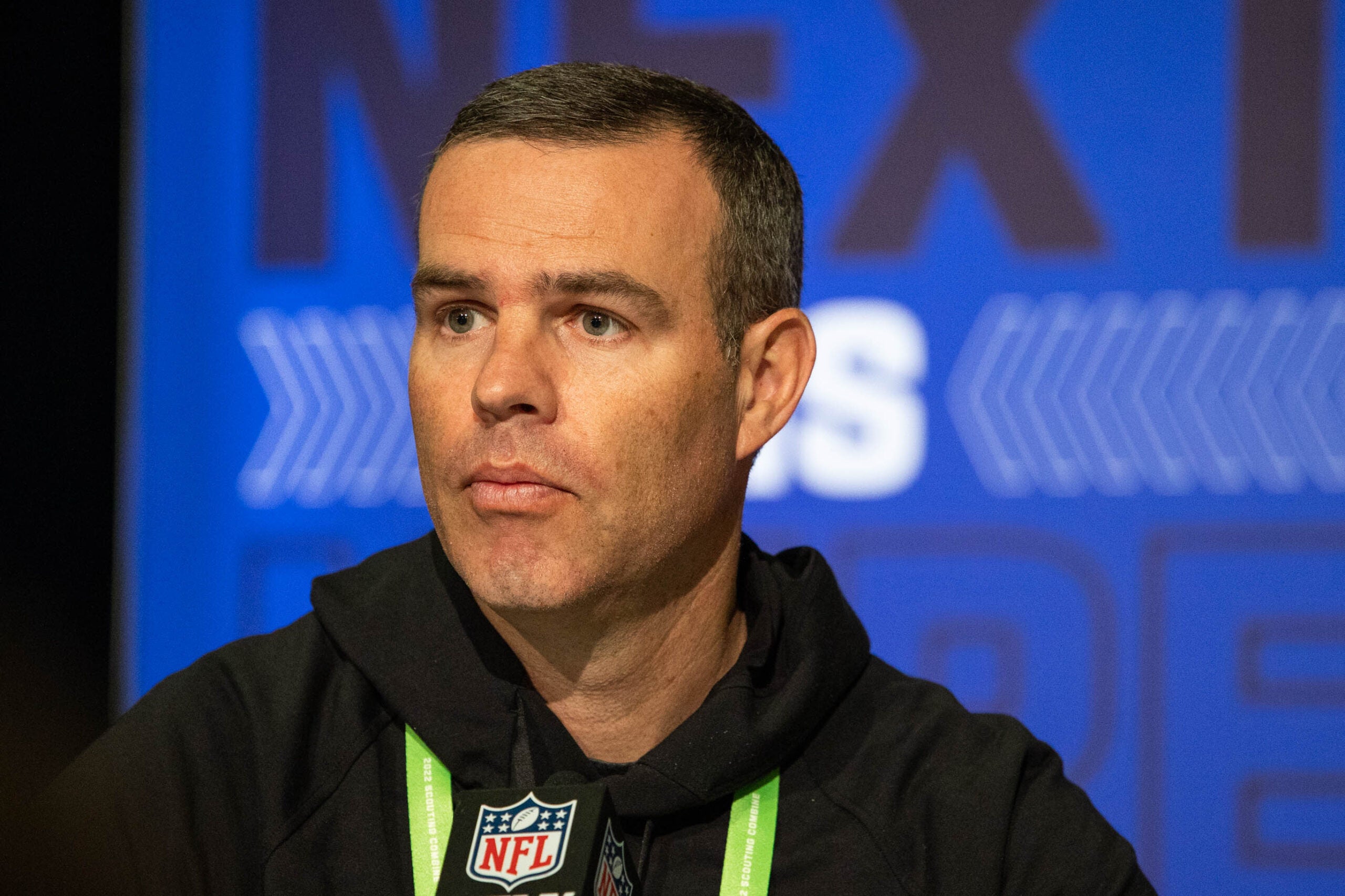 Mar 1, 2022; Indianapolis, IN, USA; Buffalo Bills general manager Brandon Beane talks to the media during the 2022 NFL Combine.