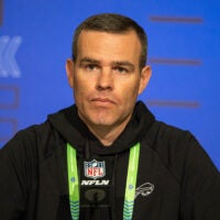 Mar 1, 2022; Indianapolis, IN, USA; Buffalo Bills general manager Brandon Beane talks to the media during the 2022 NFL Combine.