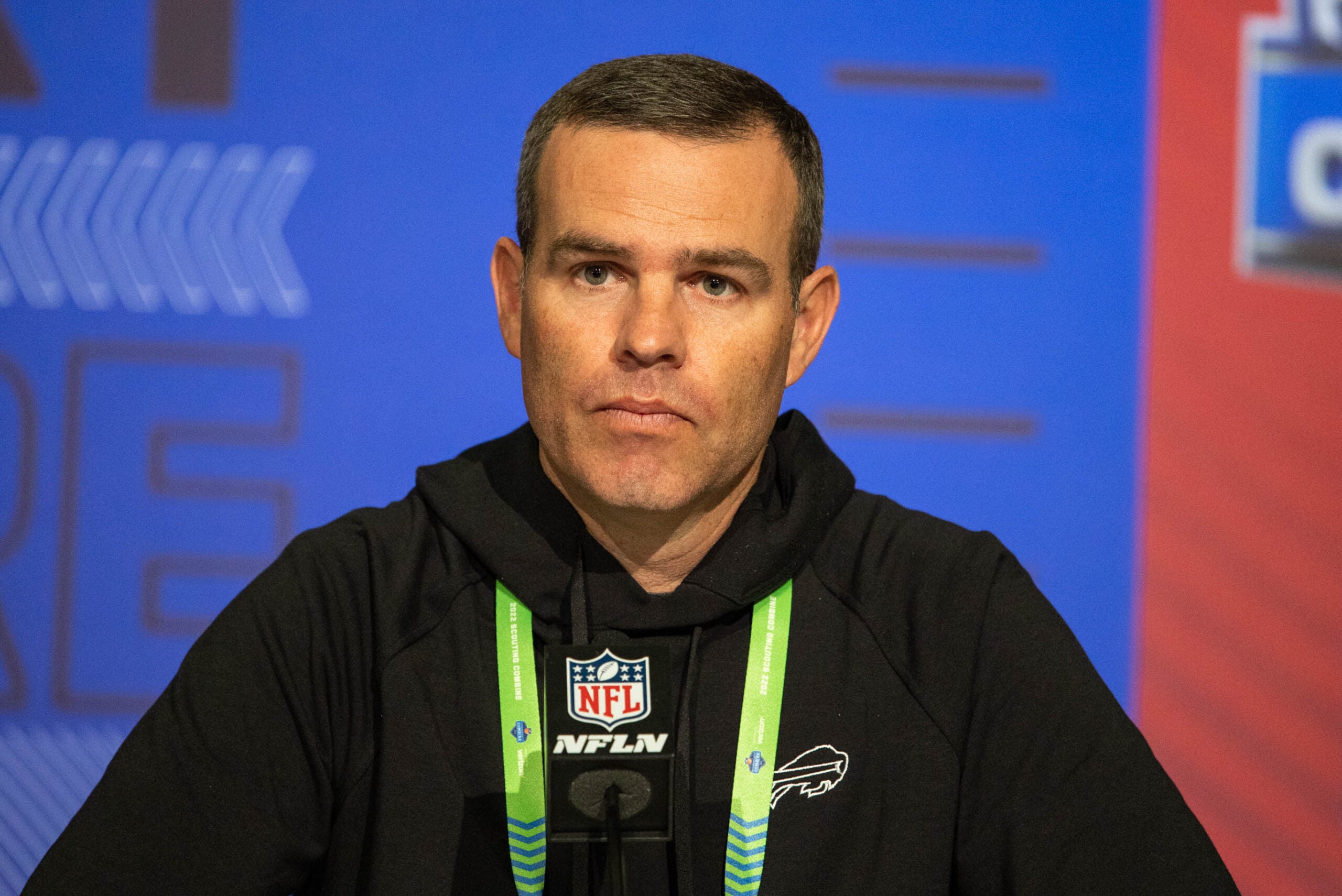 Mar 1, 2022; Indianapolis, IN, USA; Buffalo Bills general manager Brandon Beane talks to the media during the 2022 NFL Combine.
