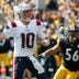 Sep 18, 2022; Pittsburgh, Pennsylvania, USA; New England Patriots quarterback Mac Jones (10) passes against the Pittsburgh Steelers during the second quarter at Acrisure Stadium.