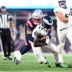 Sep 10, 2023; Foxborough, Massachusetts, USA; Philadelphia Eagles wide receiver A.J. Brown (11) is tackled by New England Patriots cornerback Christian Gonzalez (6) during the second half at Gillette Stadium.