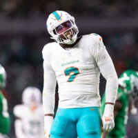 Oct 22, 2023; Philadelphia, Pennsylvania, USA; Miami Dolphins linebacker Bradley Chubb (2) reacts after a defensive stop against the Philadelphia Eagles during the third quarter at Lincoln Financial Field.