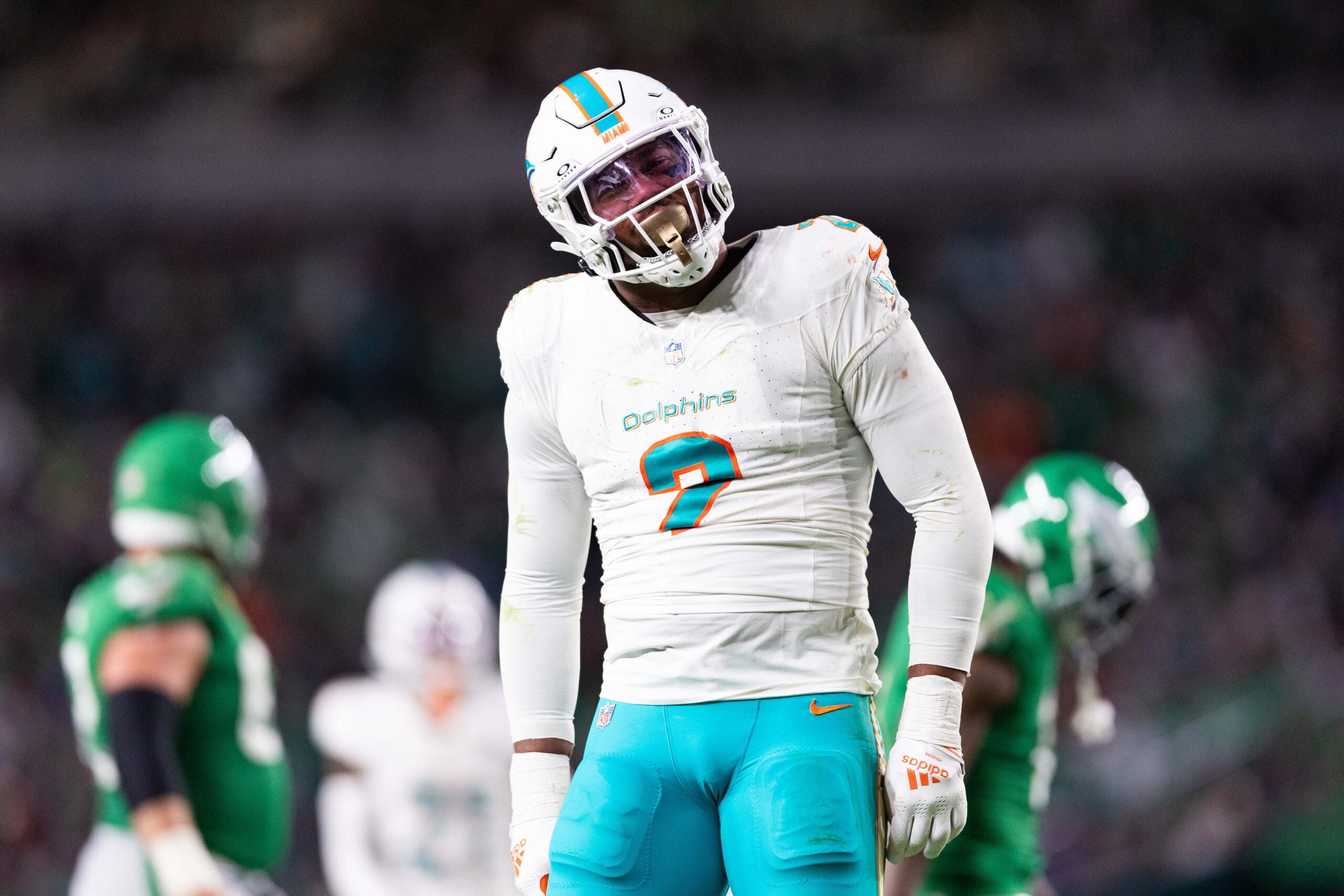 Oct 22, 2023; Philadelphia, Pennsylvania, USA; Miami Dolphins linebacker Bradley Chubb (2) reacts after a defensive stop against the Philadelphia Eagles during the third quarter at Lincoln Financial Field.