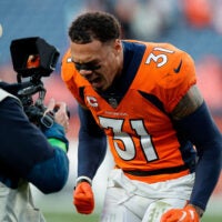 Oct 29, 2023; Denver, Colorado, USA; Denver Broncos safety Justin Simmons (31) reacts after the game against the Kansas City Chiefs at Empower Field at Mile High.