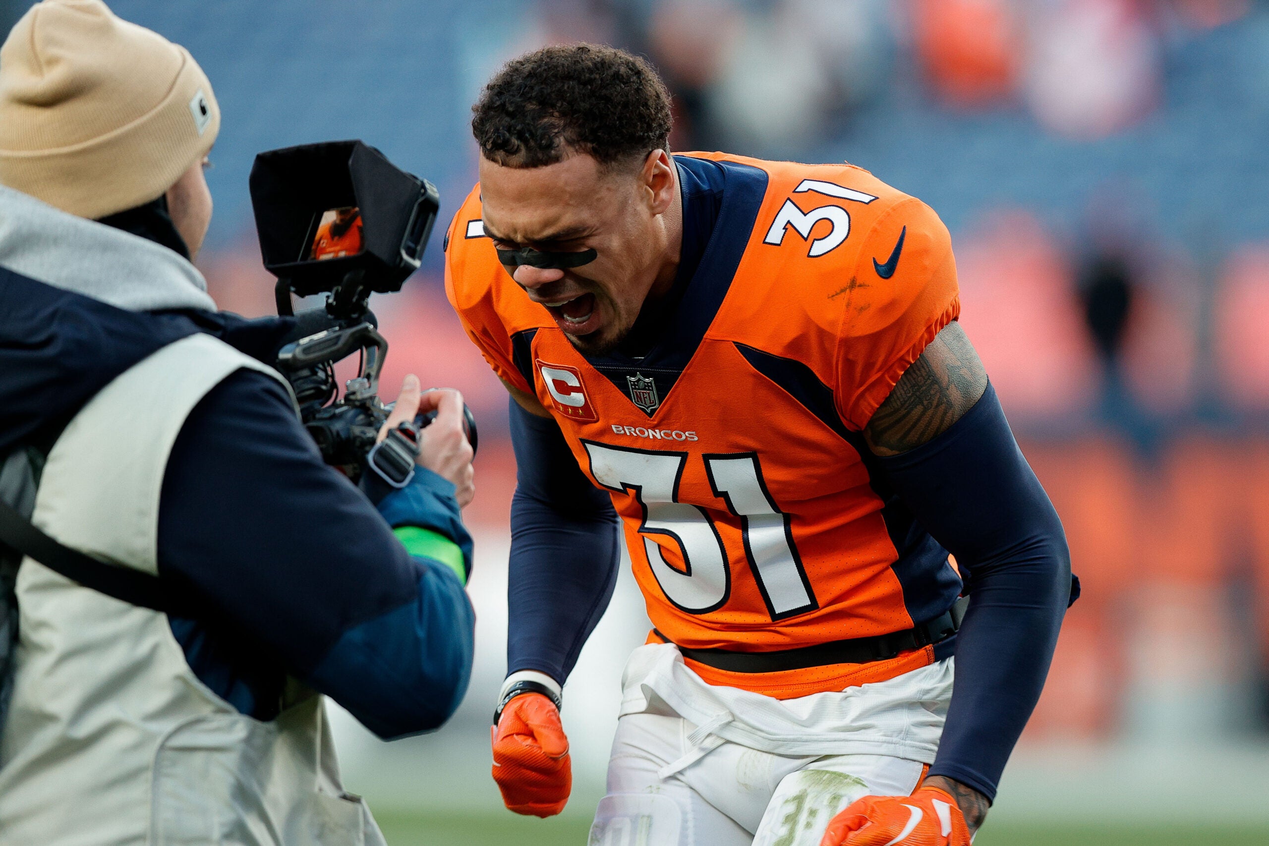 Oct 29, 2023; Denver, Colorado, USA; Denver Broncos safety Justin Simmons (31) reacts after the game against the Kansas City Chiefs at Empower Field at Mile High.