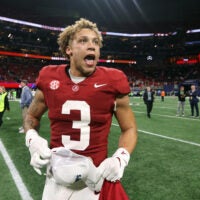 Dec 2, 2023; Atlanta, GA, USA; Alabama Crimson Tide wide receiver Jermaine Burton (3) celebrates after defeating the Georgia Bulldogs in the SEC championship game at Mercedes-Benz Stadium.